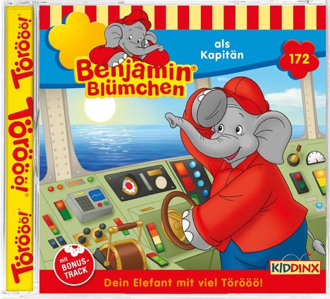 „Benjamin Blümchen als Kapitän“ Folge 172. Illustration: Ein Elefant steuert ein Schiff.