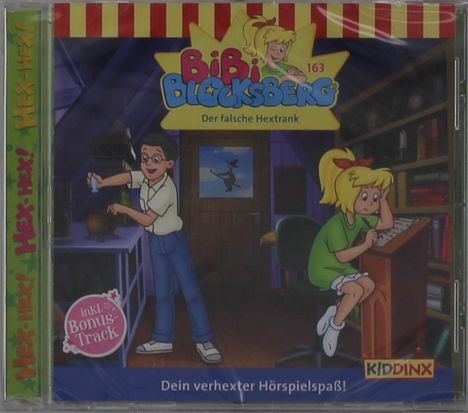 „BiBi Blocksberg 163: Der falsche Hextrank, inkl. Bonus-Track. Dein verhexter Hörspielspaß!“ Ein Mädchen und ein Junge in einem Raum voller Bücher.
