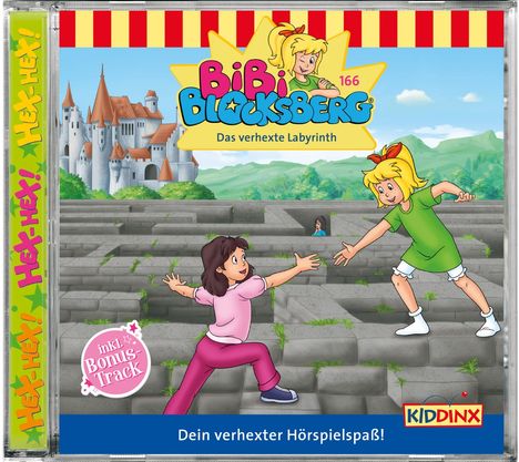 "Bibi Blocksberg 166: Das verhexe Labyrinth" zeigt Bibi im grünen Kleid und ein Mädchen in einem Labyrinth vor einem Schloss.