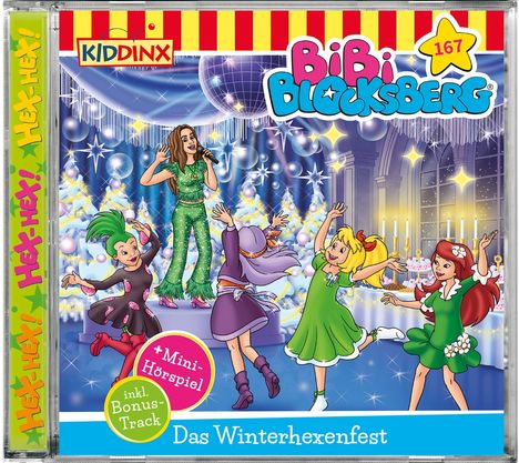 "Hex-Hex! Hex-Hex!" steht seitlich, "Bibi Blocksberg 167" mit Stern oben. Eine Party-Szene mit tanzenden Figuren vor Winterkulisse.