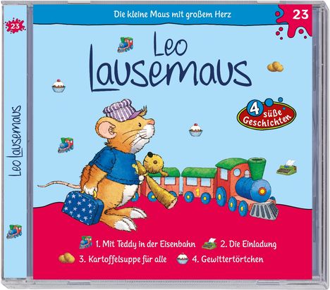 Titel: "Leo Lausemaus", oben: "Die kleine Maus mit großem Herz". Illustrationen von Leo, Teddy, Spielzeugzug. Vier Geschichten.