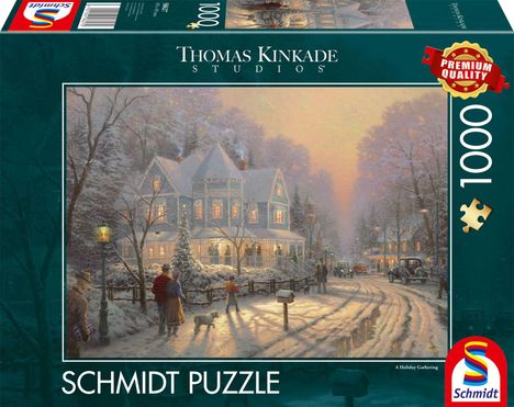 "Thomas Kinkade Studios", "Schmidt Puzzle", "1000", "Premium Quality". Winterliche Malerei: Menschen und Hunde vor einem Haus.