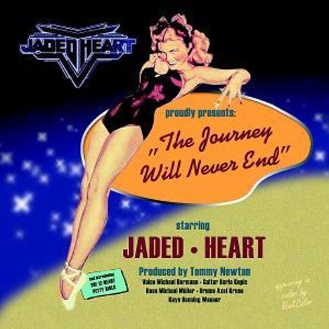 "Jaded Heart" präsentiert "The Journey Will Never End" mit Vintage-Pin-up-Figur vor blauem und grünem Hintergrund.