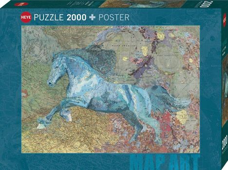Text: "PUZZLE 2000 + POSTER", "MAP ART". Illustration eines blauen Pferdes auf einer Landkarte.