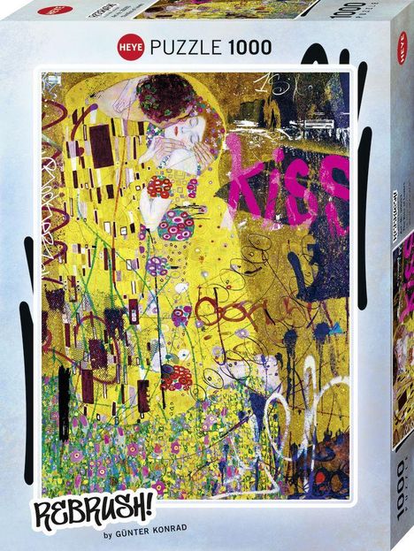 Der Text auf der Box sagt „PUZZLE 1000“, „REBRUSH!“. Es zeigt eine farbenfrohe Illustration, inspiriert von "Der Kuss".