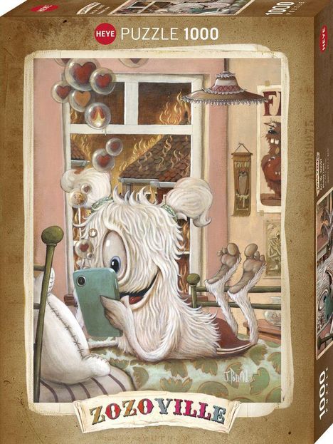 "ZozoVille" in bunter Schrift unten. Flauschiges Monster mit Smartphone, Hintergrund voller Herzballons und Feuerausblick.