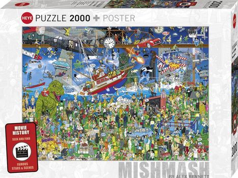 "PUZZLE 2000 + POSTER" auf dem Karton. Eine bunte, dichte Illustration voller Cartoon-Figuren und Filmszenen.
