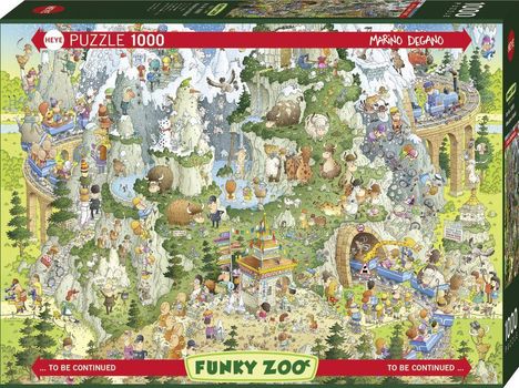 Puzzle 1000, Marino Degano, Funky Zoo. Eine bunte, detailreiche Illustration eines lebhaften Zoos mit vielen Besuchern und Tieren.