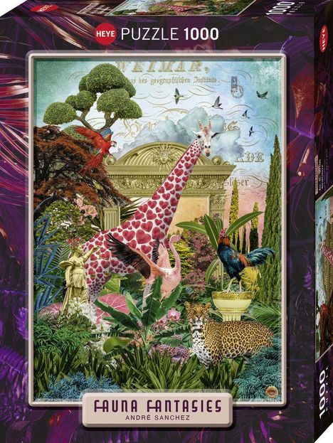 "WEIMAR, Liebe, großer Pflanzenreichtum." Surreale Illustration mit Giraffe, Leopard, Vögeln und üppiger Vegetation.