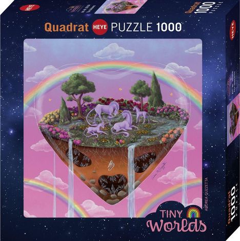 Quadrat HEYE PUZZLE 1000. TINY WORLDS. Eine schwebende, fantasievolle Insel mit Einhörnern und Regenbögen.