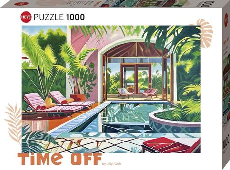 „HEYE PUZZLE 1000“, „TIME OFF“. Illustration zeigt einen Pool mit Liegestühlen, Topfpflanzen und großem Fenster.
