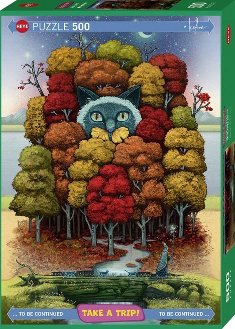 „PUZZLE 500“, „... TO BE CONTINUED“, „TAKE A TRIP!“. Eine Illustration: Ein Wald mit bunten Bäumen und einer großen Katzenmaske.
