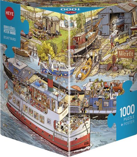 Links: "Doro Göbel, Peter Knorr, Boatyard." Rechts oben: "1000." Rechts unten: "1000 Puzzle + Poster." Bunte Hafenszene mit Schiffen.