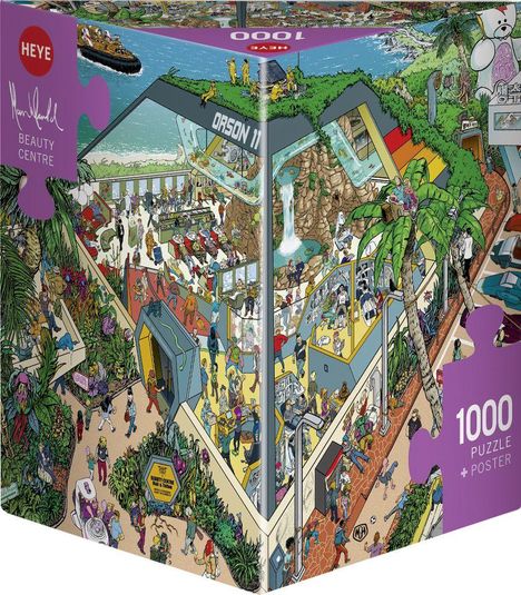 Puzzle-Schachtel mit "Beauty Centre" und "1000 Puzzle + Poster". Lebendige Illustration eines geschäftigen Wellnesszentrums.