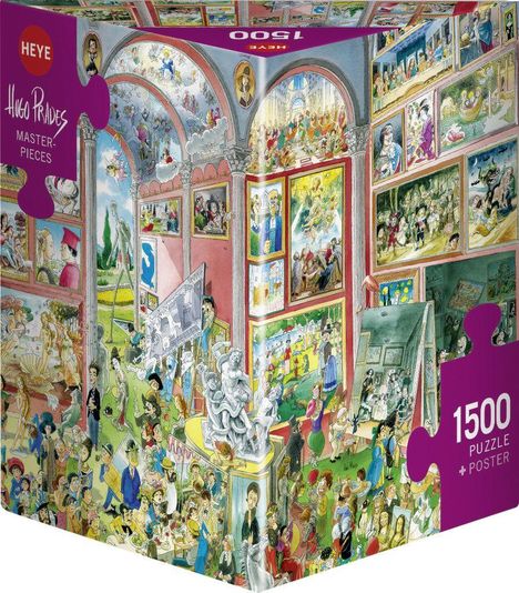 Text: "Hugo Prades Masterpieces", "1500 Puzzle + Poster". Illustration von einer lebhaften Kunstgalerie mit vielen Gemälden.
