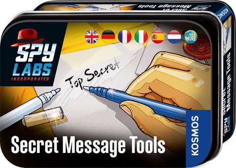 "Spy Labs", "Secret Message Tools", "Top Secret" in Illustrationsstil, Flaggen von sechs Ländern oben.