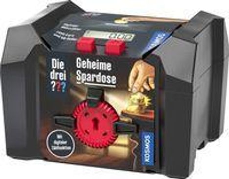 Die drei ??? Geheime Spardose. Schwarze Box mit Zahlenschloss und digitalem Display auf der Oberseite.