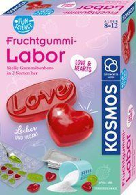 "Fruchtgummi-Labor", "Stelle Gummibonbons in 2 Sorten her", "Lecker und vegan", "Love & Hearts", "KOSMOS". Enthält Herzen.