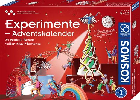 "Experimente – Adventskalender, 24 geniale Boxen voller Aha-Momente, das Verblüffendste aus Chemie, Biologie und Physik."  

Illustration mit Figuren, die Experimente und festliche Aktivitäten darstellen.