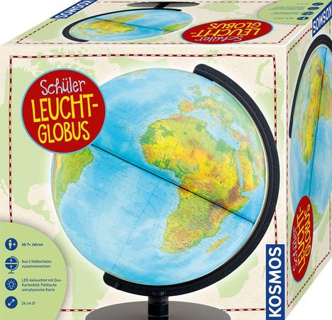„Schüler Leucht-Globus“. Ab 7+ Jahren, LED-beleuchtet. Ein Globus auf einem bunten Karton abgebildet.