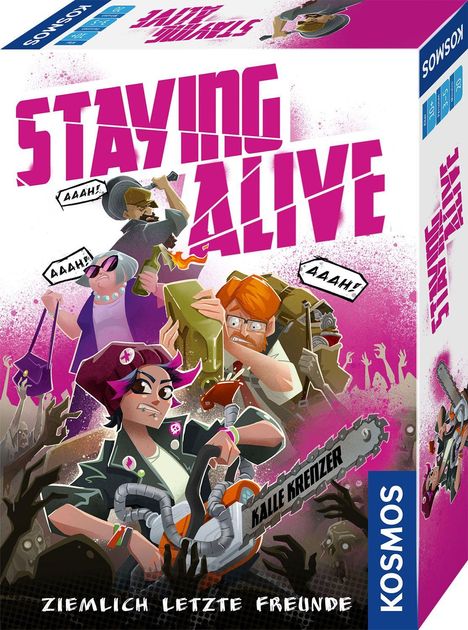 "STAYING ALIVE" in kräftigem Pink, Menschen mit Waffen verteidigen sich gegen Zombies, Text: "KALLE KREITZER".