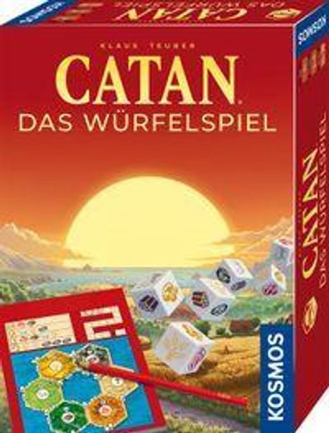 „CATAN: DAS WÜRFELSPIEL“ von Klaus Teuber. KOSMOS-Logo. Sonnenuntergang, Landschaft, Würfel und Spielbrett.