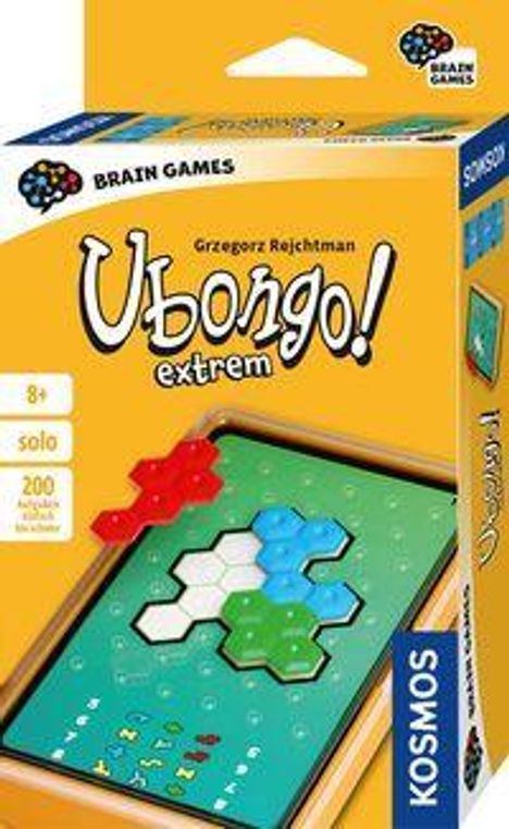 "Ubongo extrem" von Grzegorz Rejchtman, ab 8 Jahren, solo, 200 Aufgaben; gelbe Schachtel mit Puzzle-Illustration.