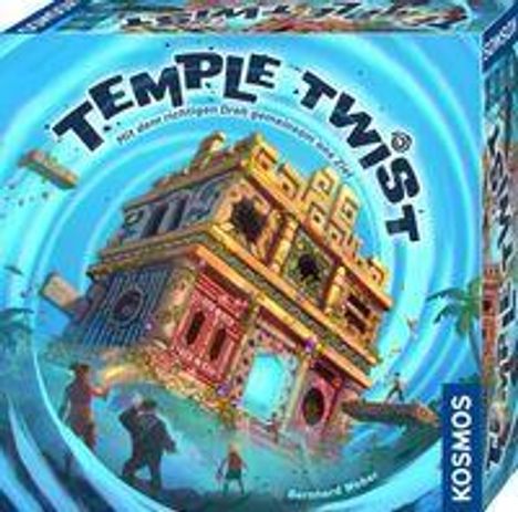 "Temple Twist", "Mit dem richtigen Dreh entkommst du!" und "Kosmos". Illustration eines antiken Tempels in Bewegung.