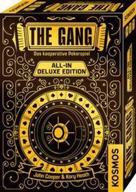 "The Gang: Das kooperative Pokerspiel. All-In Deluxe Edition. Auf der Verpackung ein Safe-Design in Gold und Schwarz."
