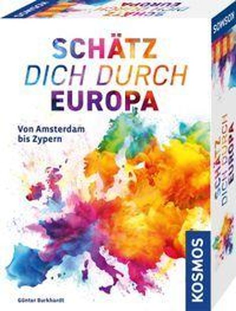 Text: "SCHÄTZ DICH DURCH EUROPA. Von Amsterdam bis Zypern. KOSMOS." Bunte Farbkleckse in lebhaften Tönen.