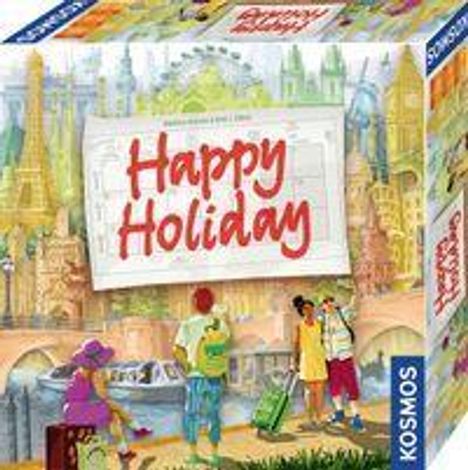 „Happy Holiday“ in roter Schrift auf einem Reisemotiv. Menschen mit Koffern und berühmte Bauwerke im Hintergrund.