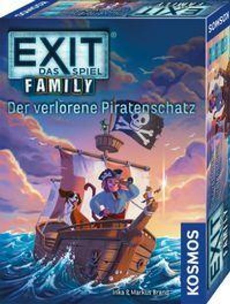 "EXIT - Das Spiel - Family. Der verlorene Piratenschatz." Ein Piratenschiff mit Flagge auf stürmischer See bei Sonnenuntergang.