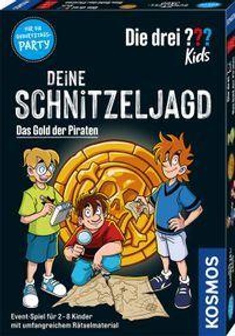 "Die drei ??? Kids: Deine Schnitzeljagd - Das Gold der Piraten" mit bunten, fröhlichen Kindern vor einem großen goldenen Emblem.