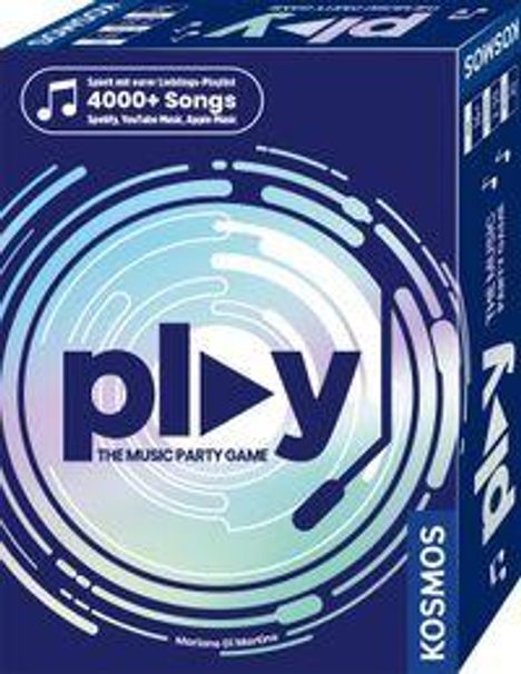 "4000+ Songs Spotify, YouTube Music, Apple Music. play. THE MUSIC PARTY GAME." Blaue Box mit Kreismuster und Mikrofon.
