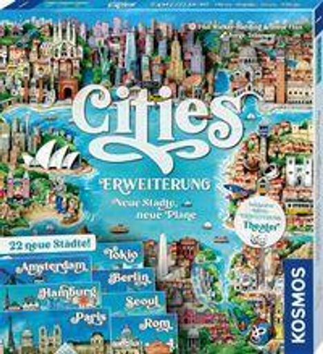 "Cities Erweiterung: neue Städte – neue Pläne." Bunte Illustration von Städten weltweit. Kosmos-Logo seitlich.