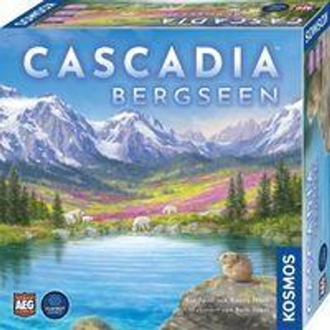 "CASCADIA BERGSEEN" und "KOSMOS". Gemälde: See mit Bergen, Wäldern und einer Robbe auf einem Felsen im Vordergrund.