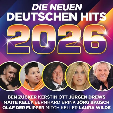 DIE NEUEN DEUTSCHEN HITS 2026. Darunter Fotos und Namen mehrerer bekannter Künstler in einem bunten Design.