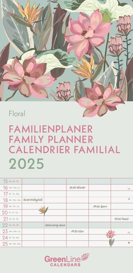 GreenLine Floral 2025 Familienplaner - Familien-Kalender - Kinder-Kalender - 22x45, Kalender