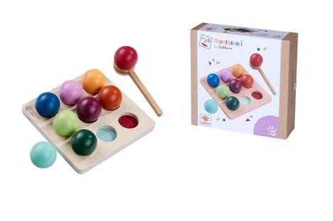 "montessori by Eichhorn", farbige Kugeln auf einem Holzbrett, Verpackung mit ähnlichem Spielzeug und einem Holzhammer.