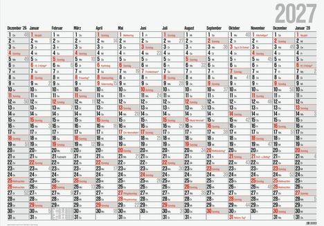 Kalender für 2027 mit Feiertagen in Rot markiert. Spalten für jeden Monat. Rechts oben steht „2027“.