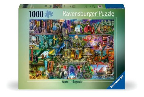 1000 Ravensburger Puzzle. Myths and Legends. Fantasievolle Collage aus Märchen und Mythen mit Zauberern, Drachen und Schlössern.