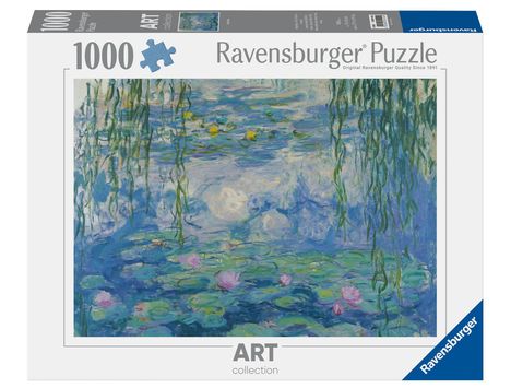 "1000 Ravensburger Puzzle. ART collection. Monet-Gemälde mit Seerosen und herabhängenden grünen Zweigen in Blau- und Grüntönen."