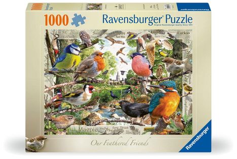 "Ravensburger Puzzle", "Our Feathered Friends", 1000 Teile. Verschiedene bunte Vogelarten in einer natürlichen Umgebung.