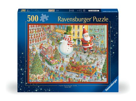 "500 Ravensburger Puzzle." Illustration von einer festlichen Parade mit Weihnachtsmann, Schneemann und Menschenmengen.