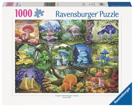 "1000 Ravensburger Puzzle" mit Illustrationen von bunten, fantasievollen Pilzen in verschiedenen Landschaften.