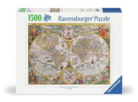 Text "1500", "Ravensburger Puzzle". Zwei antike Weltkarten mit aufwendigen Illustrationen.