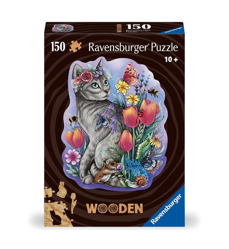 Ravensburger WOODEN Puzzle 12000757 - Frühlingskatze - 150 Teile Kontur-Holzpuzzle mit stabilen, individuellen Puzzleteilen und 15 kleinen Holzfiguren, für Erwachsene und Kinder ab 10 Jahren, Diverse
