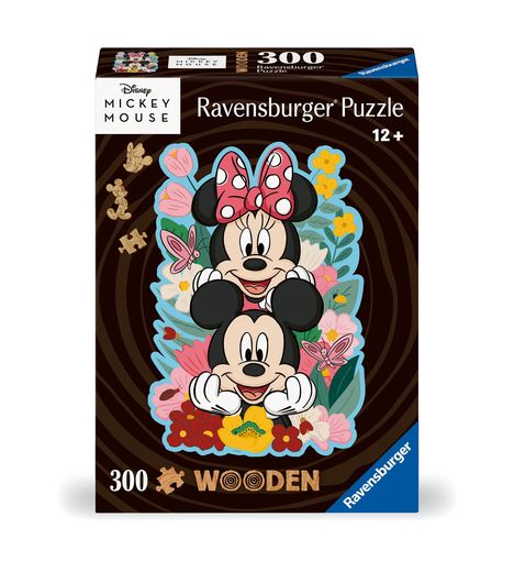 Ravensburger WOODEN Puzzle 12000762 - Mickey &amp; Minnie - 300 Teile Kontur-Holzpuzzle mit stabilen, individuellen Puzzleteilen und 25 kleinen Holzfiguren = Whimsies, für Disney-Fans ab 12 Jahren, Diverse