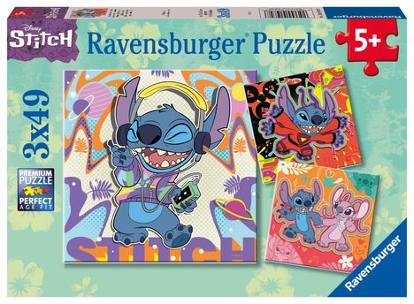 Ravensburger Puzzle 12001070 - Einfach nur spielen - 3x49 Teile Disney Stitch Puzzle für Kinder ab 5 Jahren, Diverse
