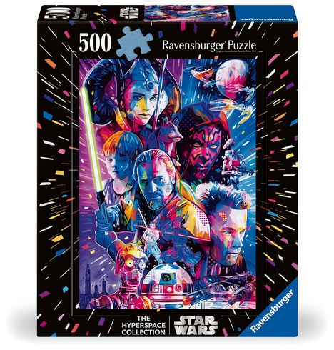 500 Teile Ravensburger Puzzle. Illustration mit Star Wars Charakteren in lebhaften Farben und bunten Mustern.